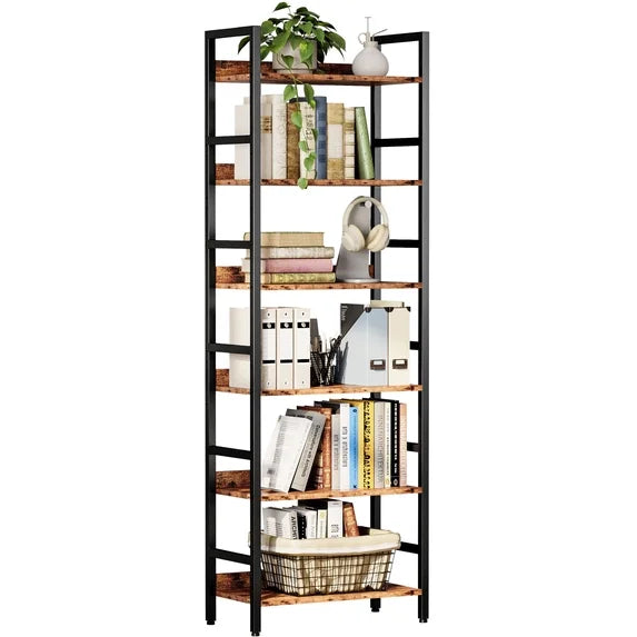 IRONCK Tall Bookshelf, 6 Tiers Metal and Wood Open Bookcase，Brown