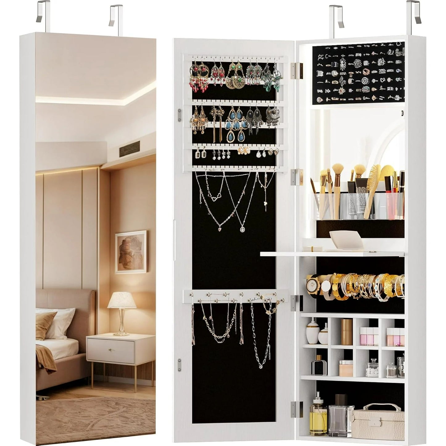 Wall Door Mounted Mirror Jewelry Cabinet Organizer With LED Light