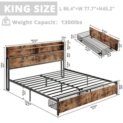 Industrial Bed Frame with Bookcase Headboard