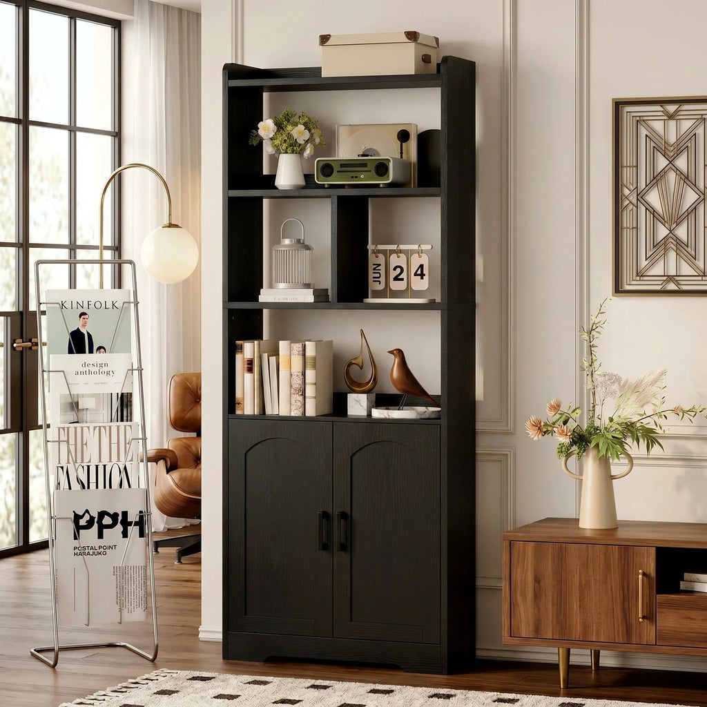 Freestanding 63" Tall Bookcase, Wood Display Storage Cabinet with Closed Doors & Open Shelves for Living Room, Home Office & Bedroom, Black