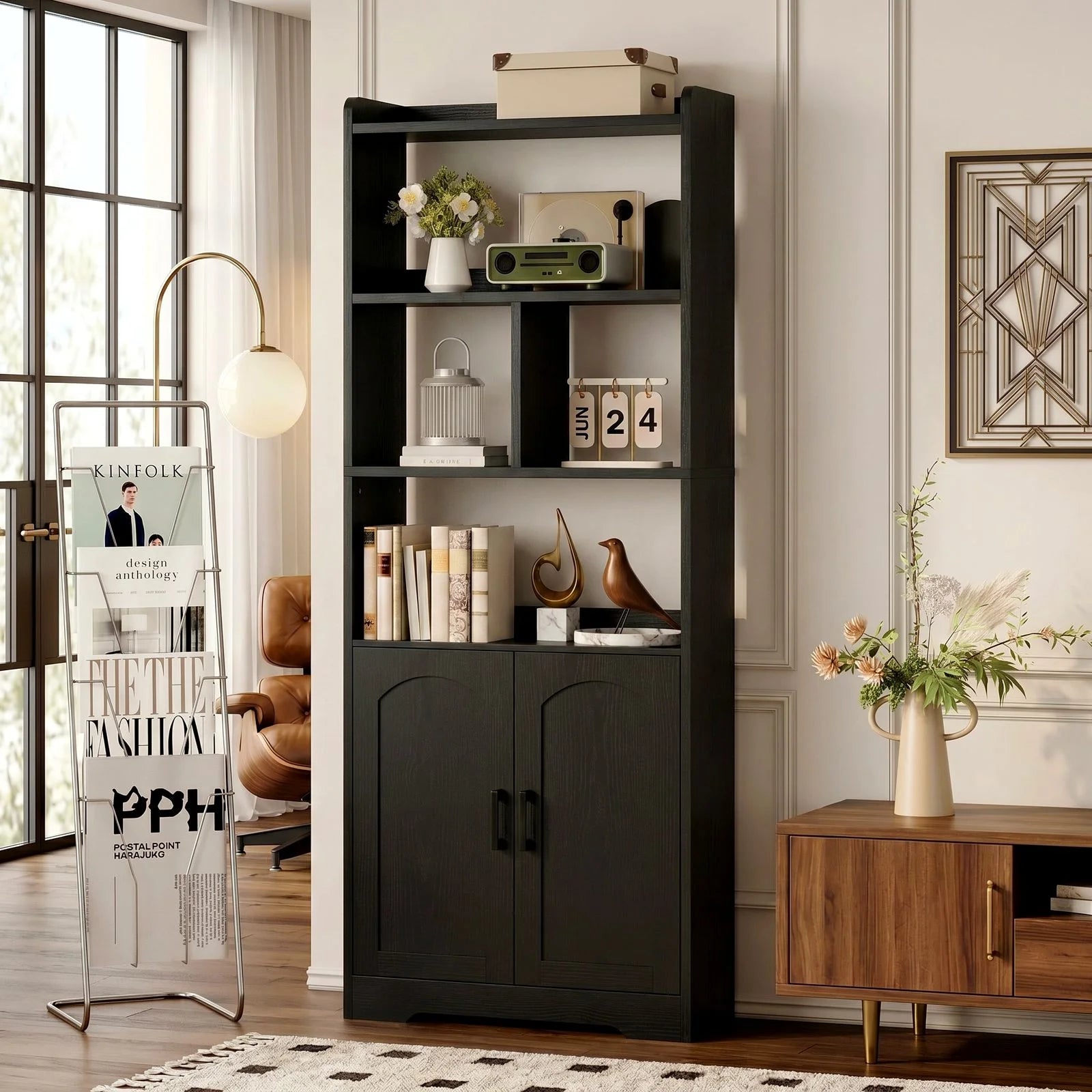 Freestanding 63" Tall Bookcase, Wood Display Storage Cabinet with Closed Doors & Open Shelves for Living Room, Home Office & Bedroom, Black