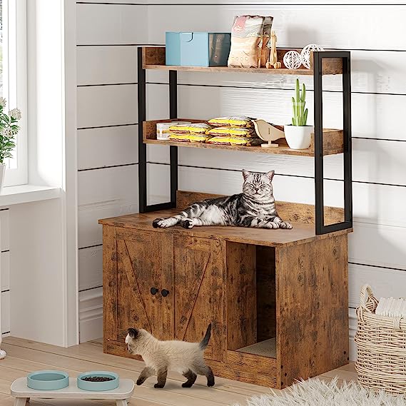 2 Tier Cat Litter Box Cabinet with Scratching Pad