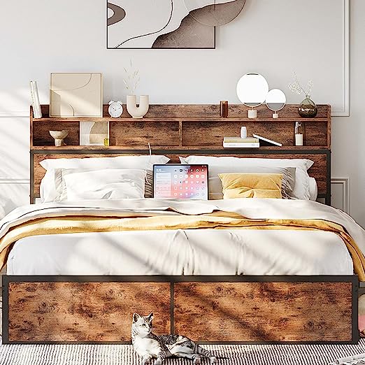 King Bed Frame with Bookcase Headboard