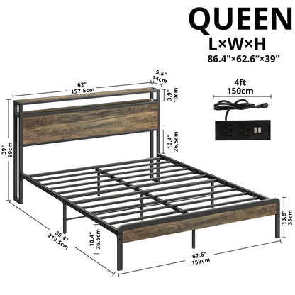 IRONCK Full Size Bed Frame with Headboard and Power Outlets