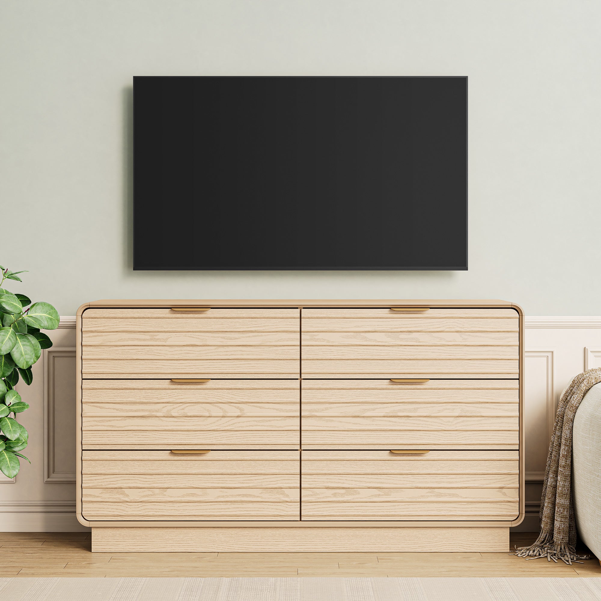 IRONCK Fluted 6 Drawer Dresser for Bedroom,54" Wide Modern Dresser Drawers with Storage, Wooden Dressers with Metal Handle for Bedroom, Hallway, Natural Oak