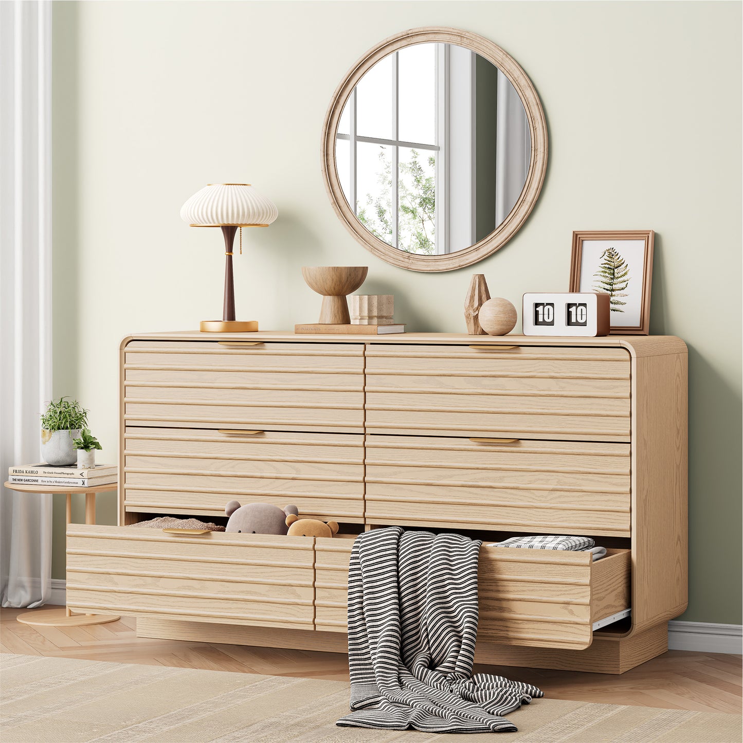 IRONCK Fluted 6 Drawer Dresser for Bedroom,54" Wide Modern Dresser Drawers with Storage, Wooden Dressers with Metal Handle for Bedroom, Hallway, Natural Oak
