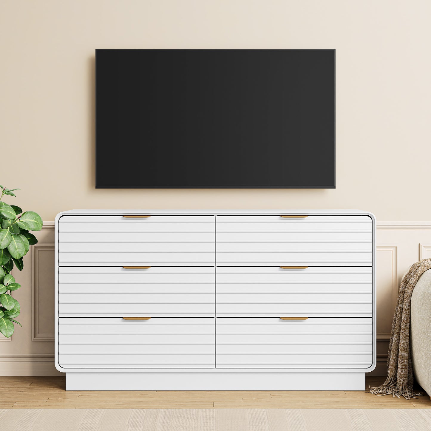 IRONCK Fluted 6 Drawer Dresser for Bedroom,54" Wide Modern Dresser Drawers with Storage, Wooden Dressers with Metal Handle for Bedroom, Hallway, Natural Oak