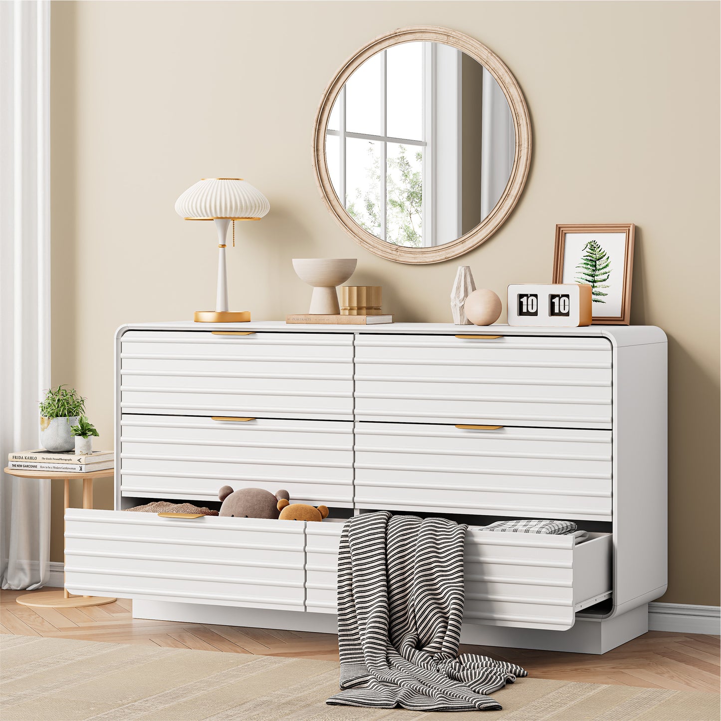 IRONCK Fluted 6 Drawer Dresser for Bedroom,54" Wide Modern Dresser Drawers with Storage, Wooden Dressers with Metal Handle for Bedroom, Hallway, Natural Oak