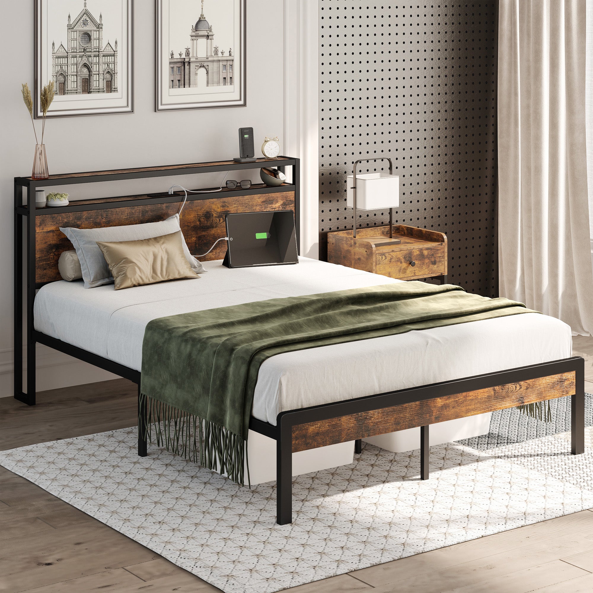 IRONCK Platform Bed with 2-Tier Storage Headboard and Charging Station