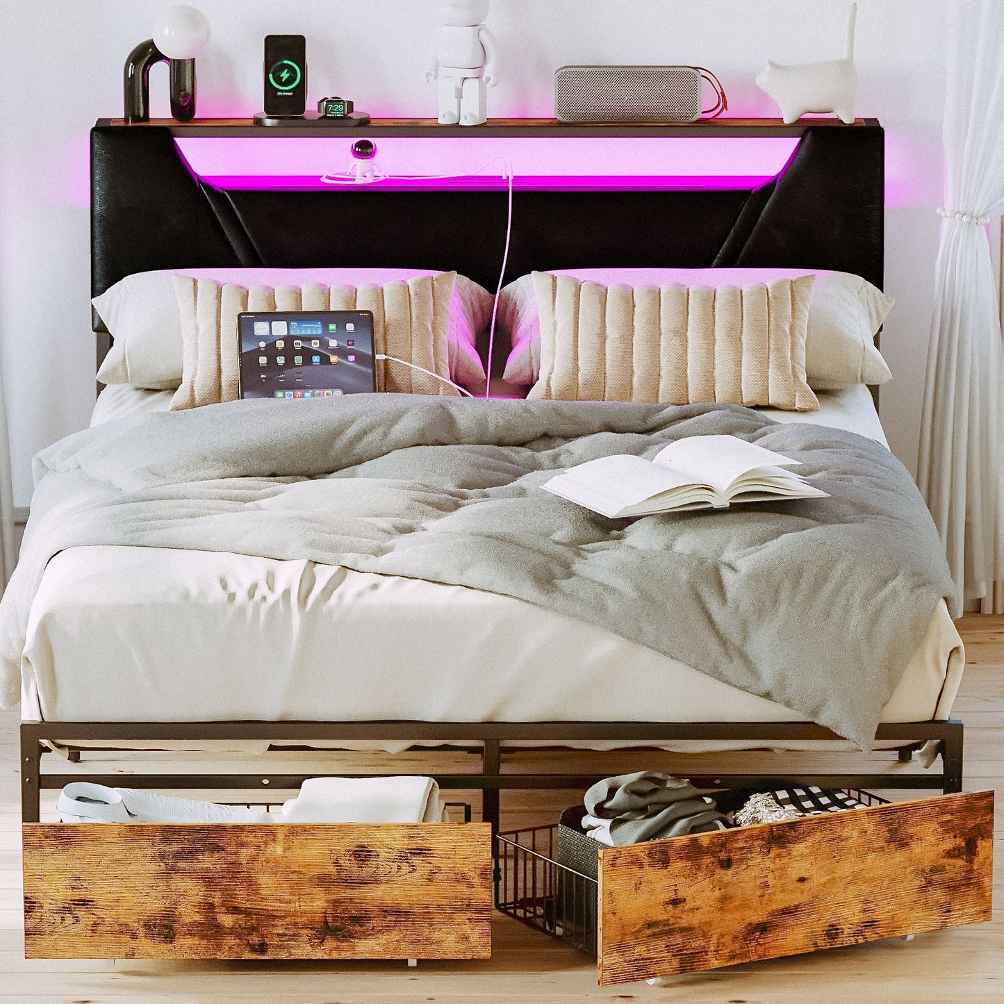 LED Full Bed Frame with Drawers