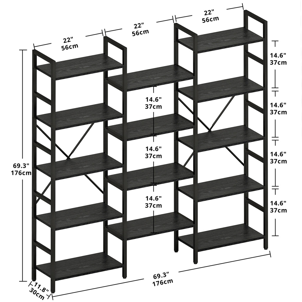 Triple Wide 5 Tiers Industrial Bookshelf