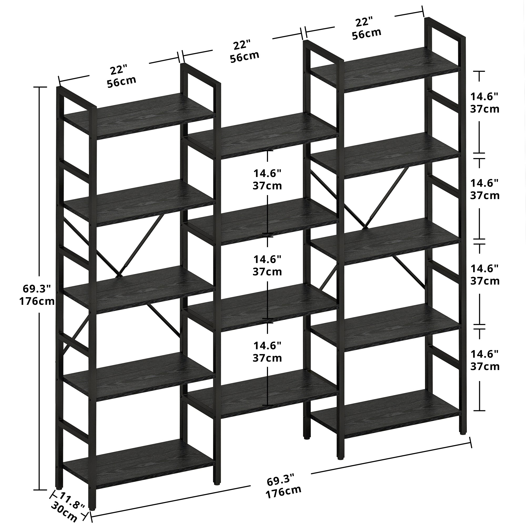 Triple Wide 5 Tiers Industrial Bookshelf