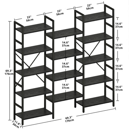 Triple Wide 5 Tiers Industrial Bookshelf