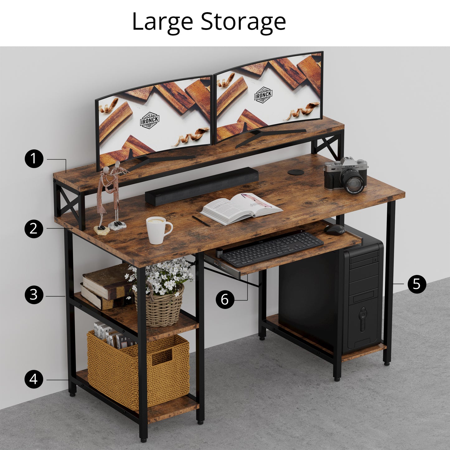 Computer Desk with Monitor Shelf- Industrial Brown