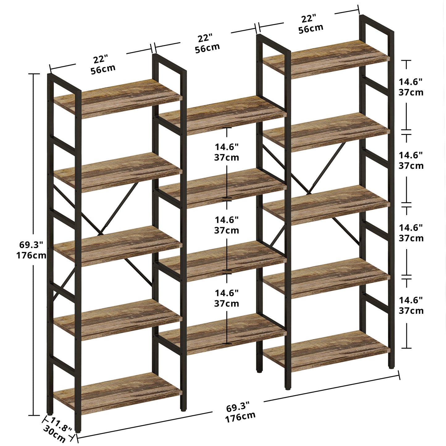 Triple Wide 5 Tiers Industrial Bookshelf