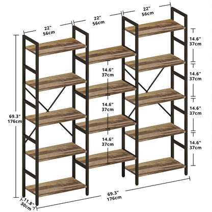 Triple Wide 5 Tiers Industrial Bookshelf