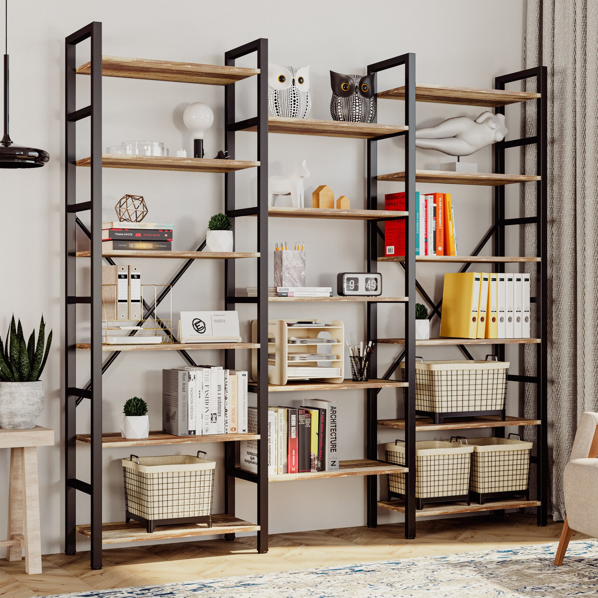 Large Bookshelf Triple Wide with 6 Tiers Industrial Brown – IRONCK