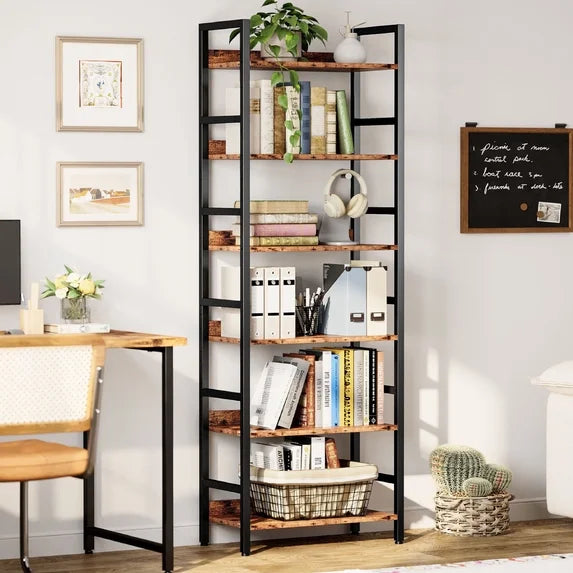 IRONCK Tall Bookshelf, 6 Tiers Metal and Wood Open Bookcase，Brown