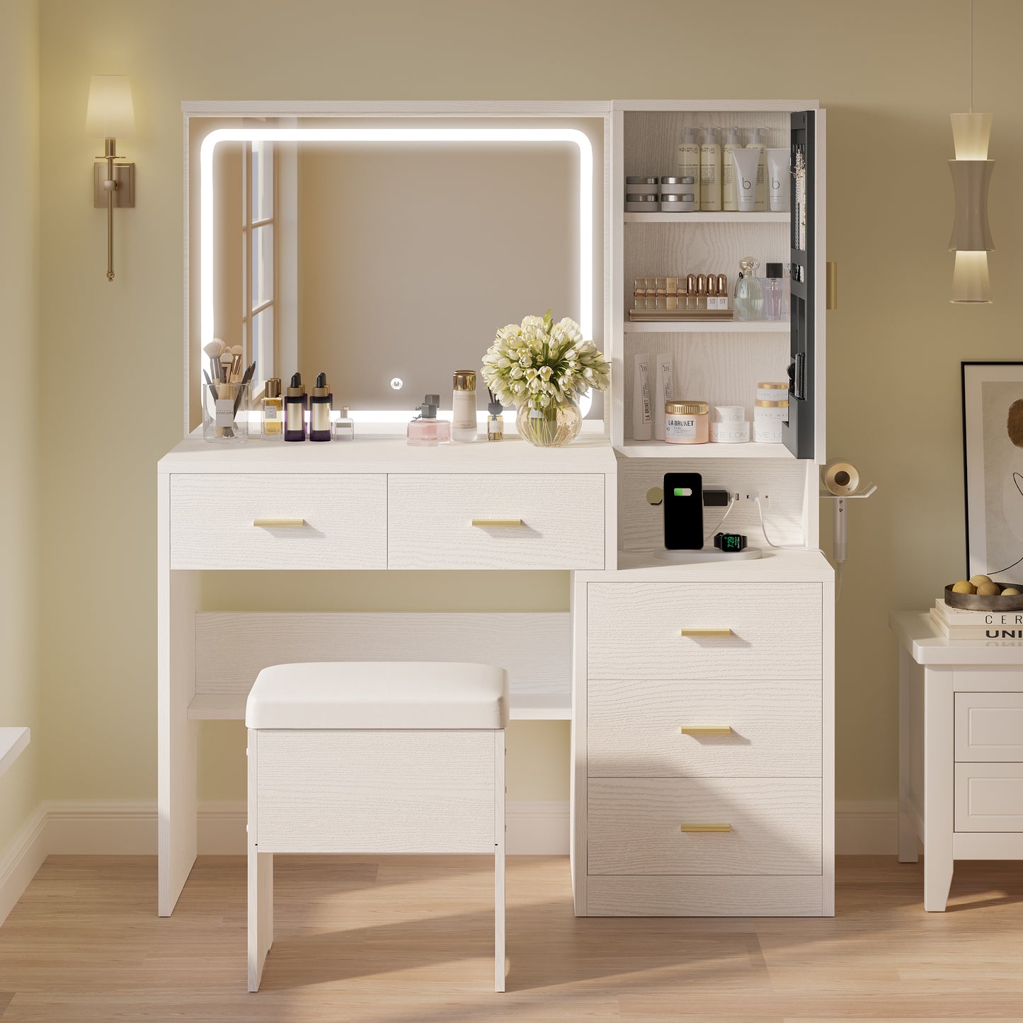 IRONCK Makeup Vanity Desk Set with Lighted Mirror and Charging Station, Dressing Table with Storage Cabinet and Drawers