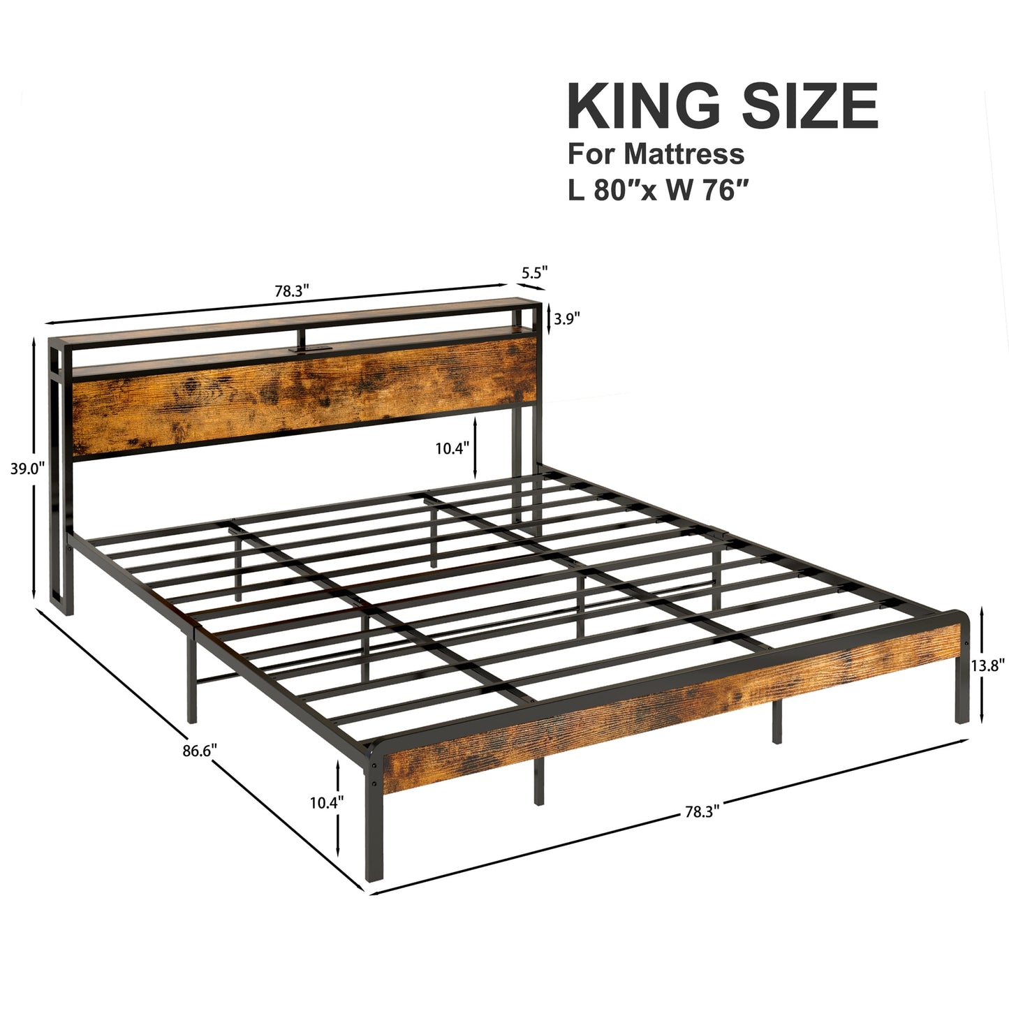 IRONCK Full Bed Frame with Storage Headboard and Charging Station, Strong Support Legs, Noise-Free, Vintage Brown