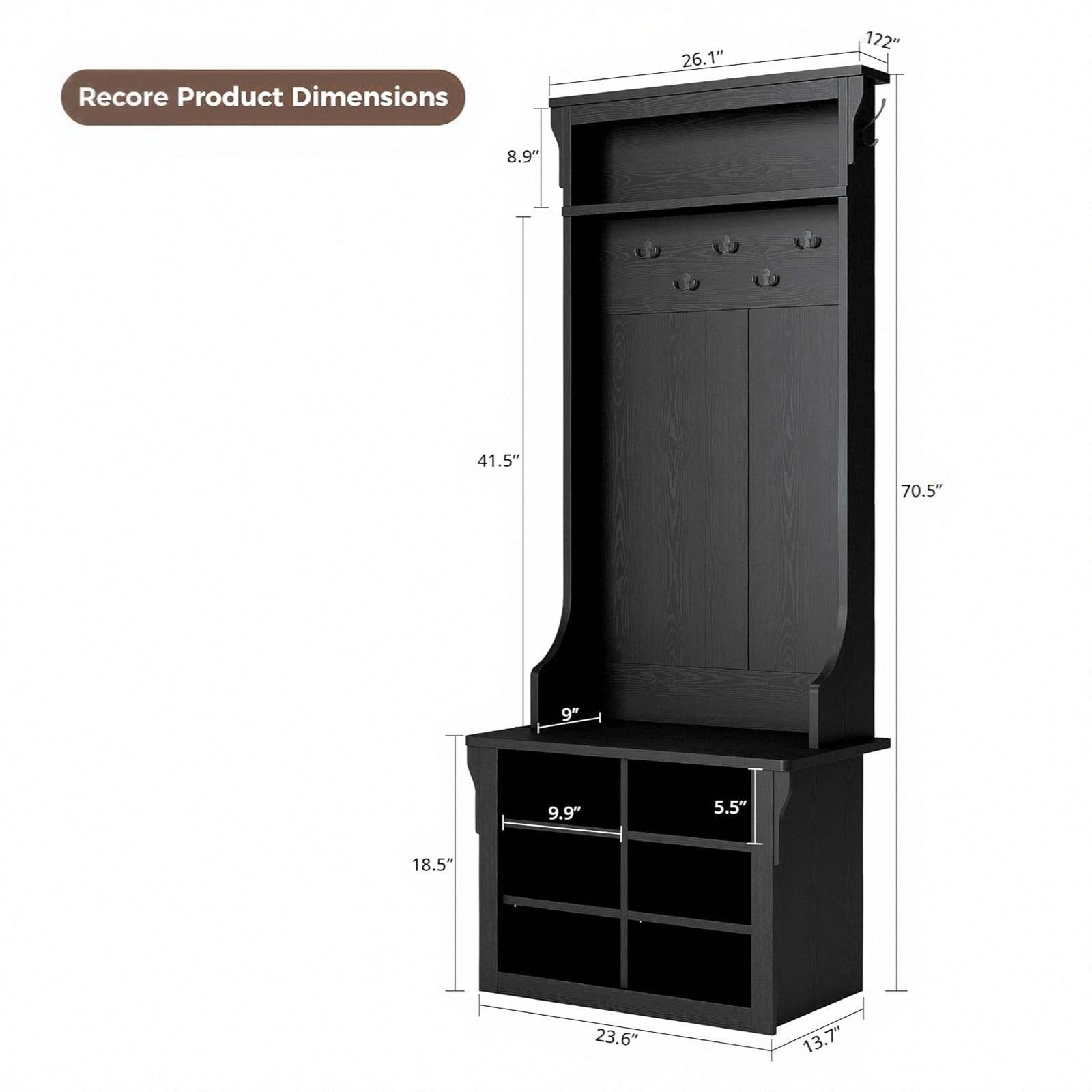 IRONCK Hall Tree with Bench and Shoe Storage, Coat Rack, Adjustable Shelf, Black