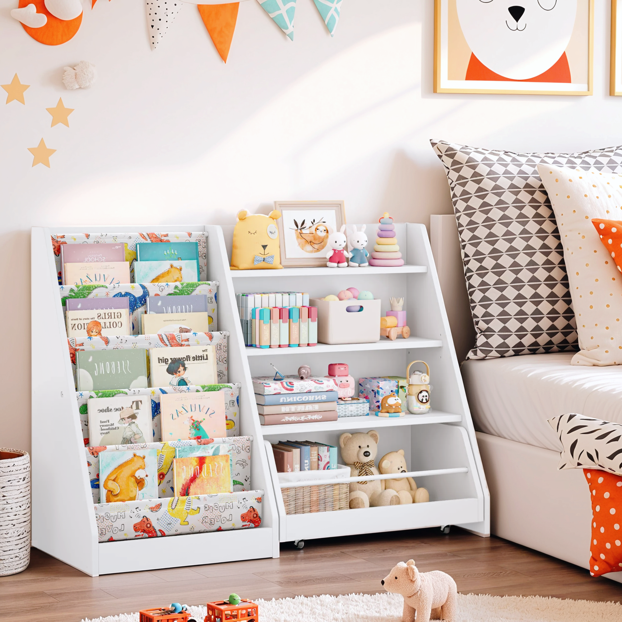 42 Inch Kids Bookshelf, 5 Layer Sling Kids Book Shelf for Kid Rooms, Baby Storage Book Rack, Wood Children Bookcase with Movable Drawer for Playroom, Nursery-Antique White