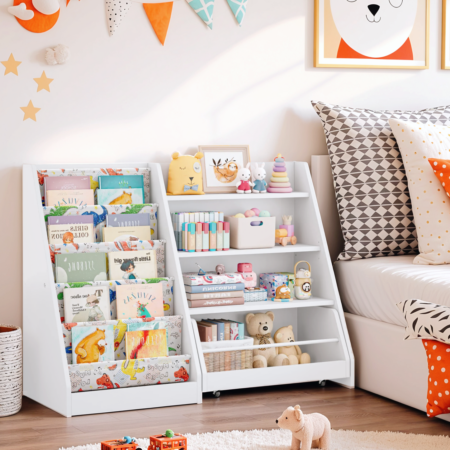 42 Inch Kids Bookshelf, 5 Layer Sling Kids Book Shelf for Kid Rooms, Baby Storage Book Rack, Wood Children Bookcase with Movable Drawer for Playroom, Nursery-Antique White