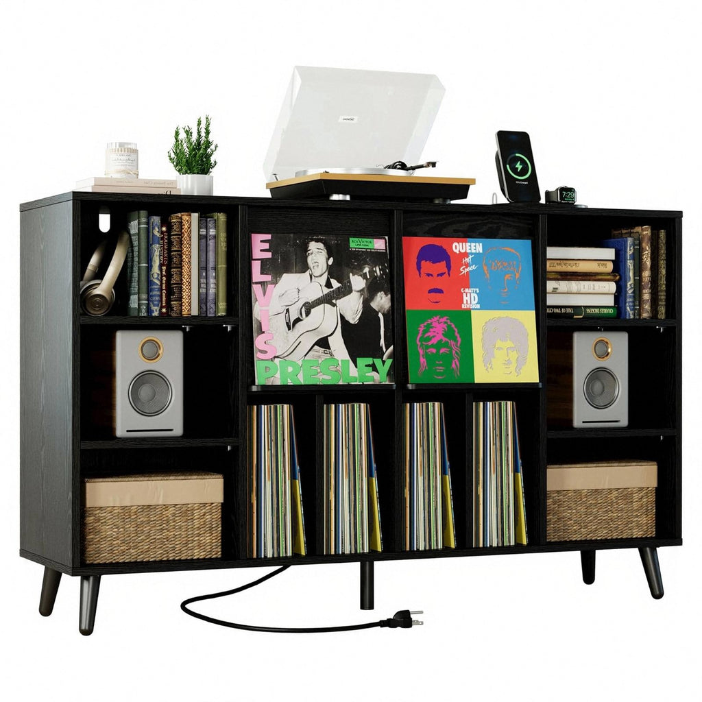 IRONCK Large Record Player Stand 55" with Charging Station, Black