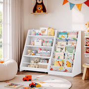 42 Inch Kids Bookshelf, 5 Layer Sling Kids Book Shelf for Kid Rooms, Baby Storage Book Rack, Wood Children Bookcase with Movable Drawer for Playroom, Nursery-Antique White