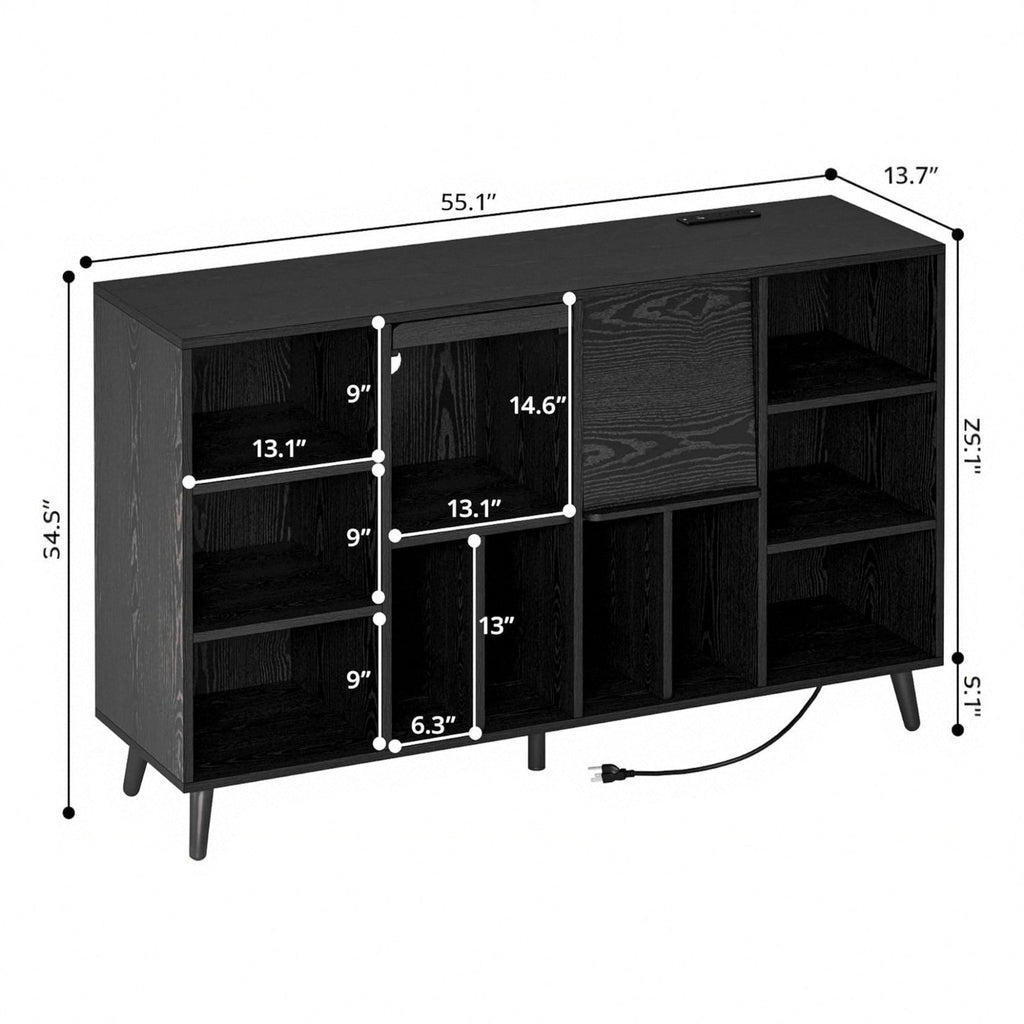 IRONCK Large Record Player Stand 55" with Charging Station, Black