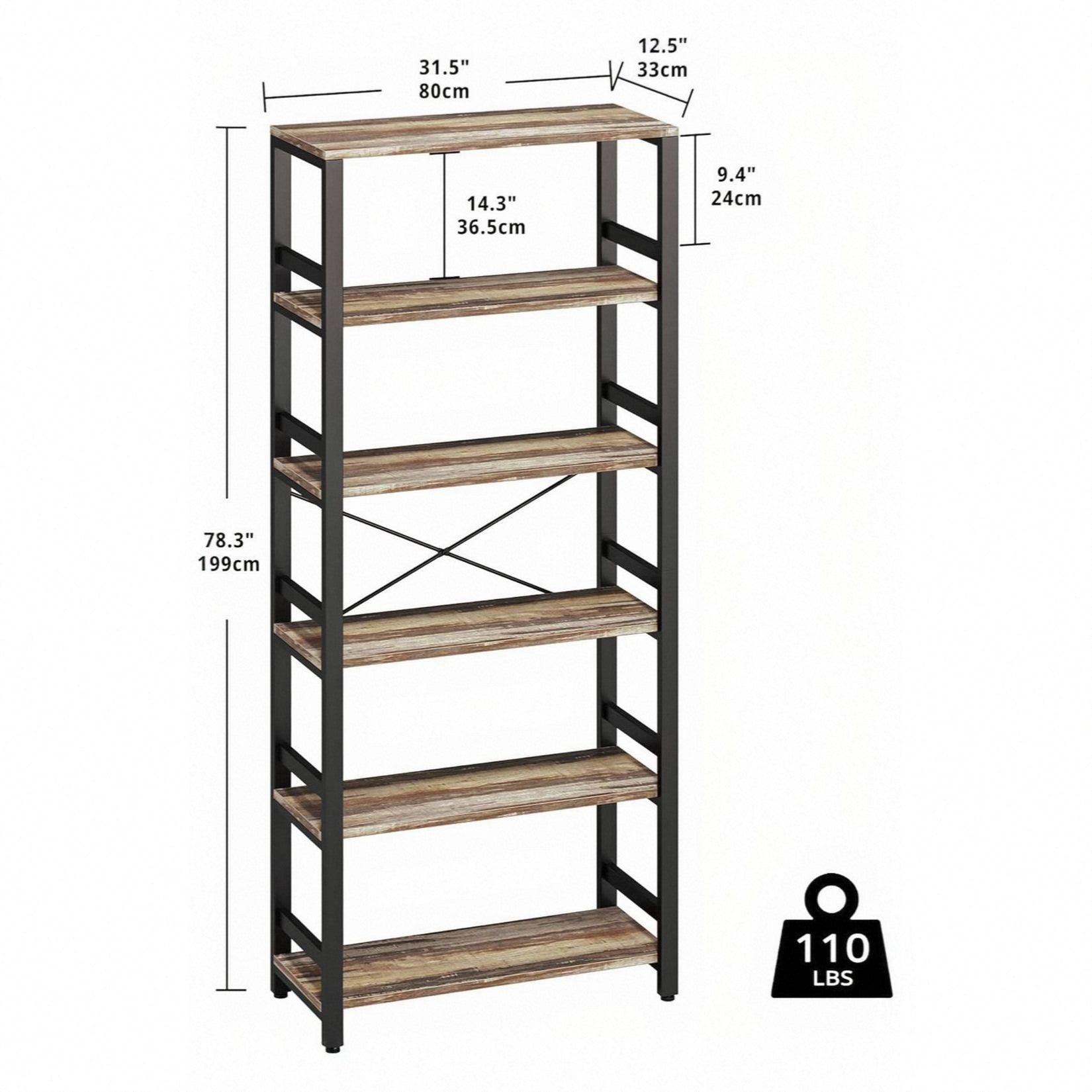 IRONCK Bookshelf, 31.5in Wide Shelf 6 Tier Bookcase,shelf Vintage Industrial Style Bookshelves