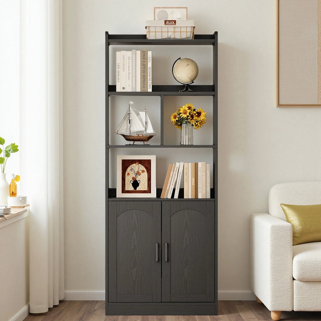 Freestanding 63" Tall Bookcase, Wood Display Storage Cabinet with Closed Doors & Open Shelves for Living Room, Home Office & Bedroom, Black