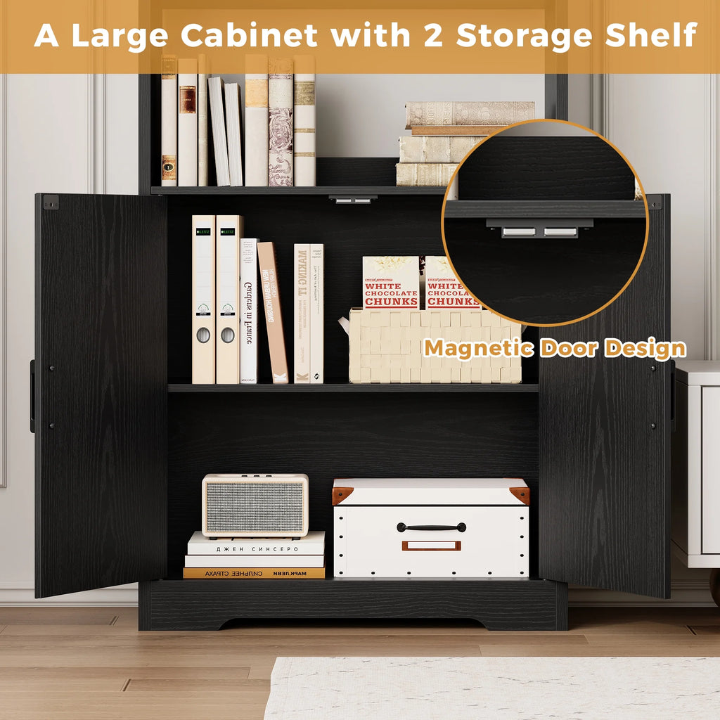 Freestanding 63" Tall Bookcase, Wood Display Storage Cabinet with Closed Doors & Open Shelves for Living Room, Home Office & Bedroom, Black