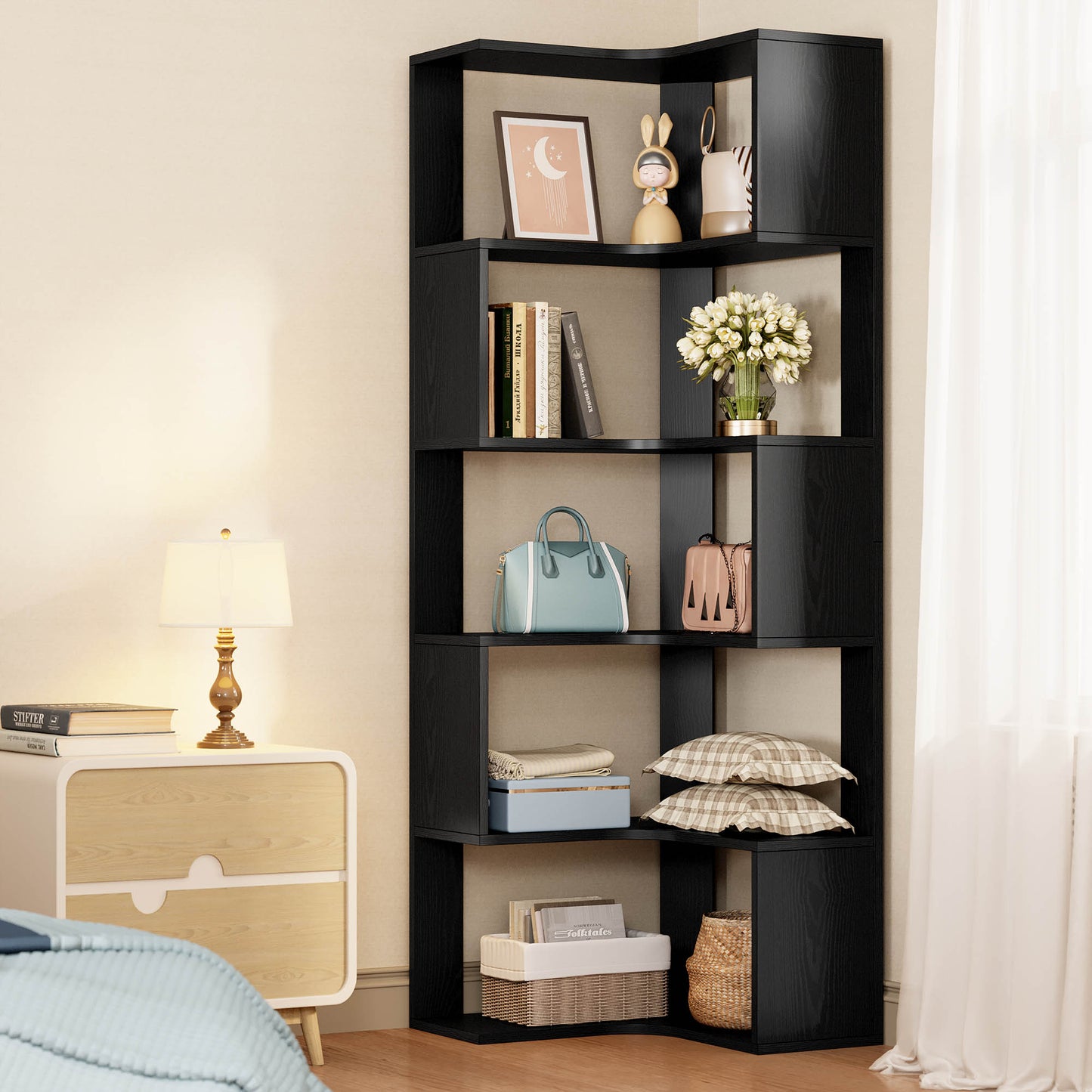 IRONCK 5-Tier Corner Bookcase, Modern L-Shaped Bookshelf