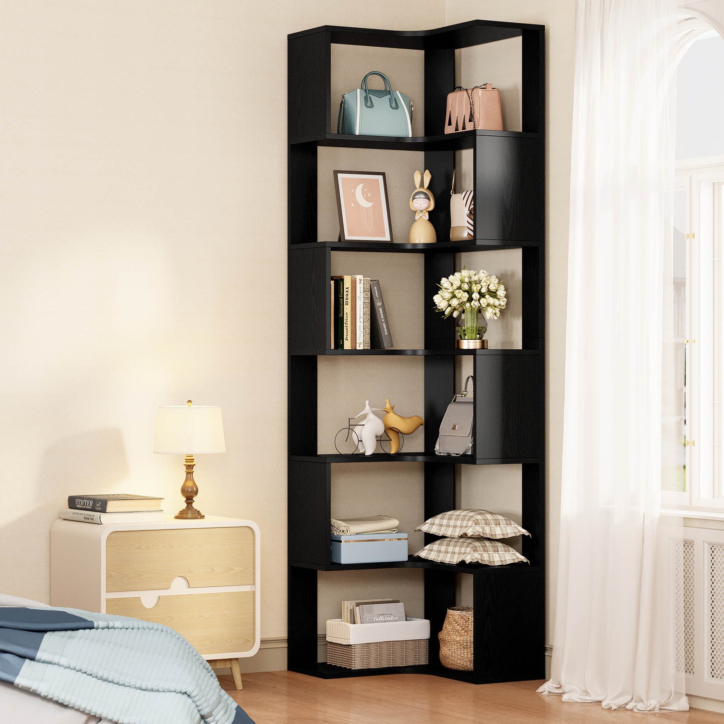IRONCK 6-Tier Corner Bookcase, Modern L-Shaped Bookshelf