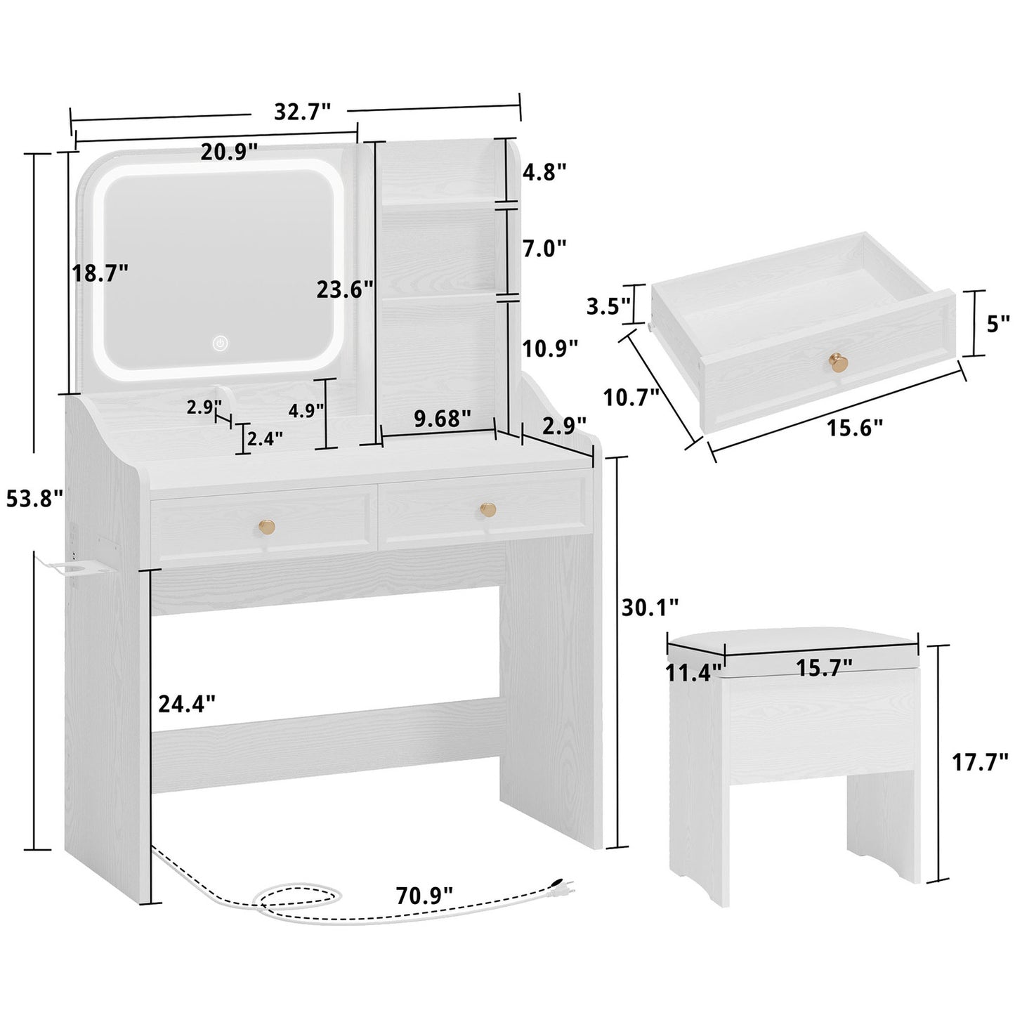 White Makeup Vanity Desk with Lighted Mirror