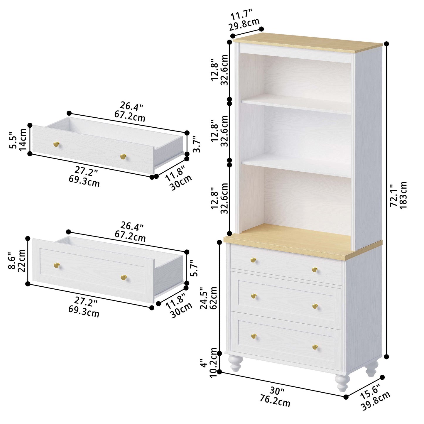 Storage Bookcase with 3 Drawers