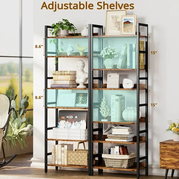 IRONCK Tall Bookshelf, 6 Tiers Metal and Wood Open Bookcase，Brown