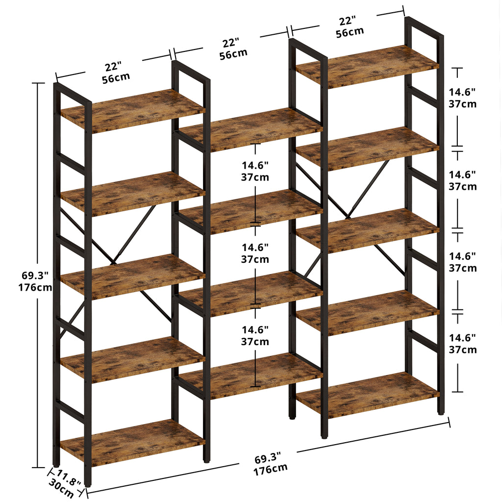Triple Wide 5 Tiers Industrial Bookshelf