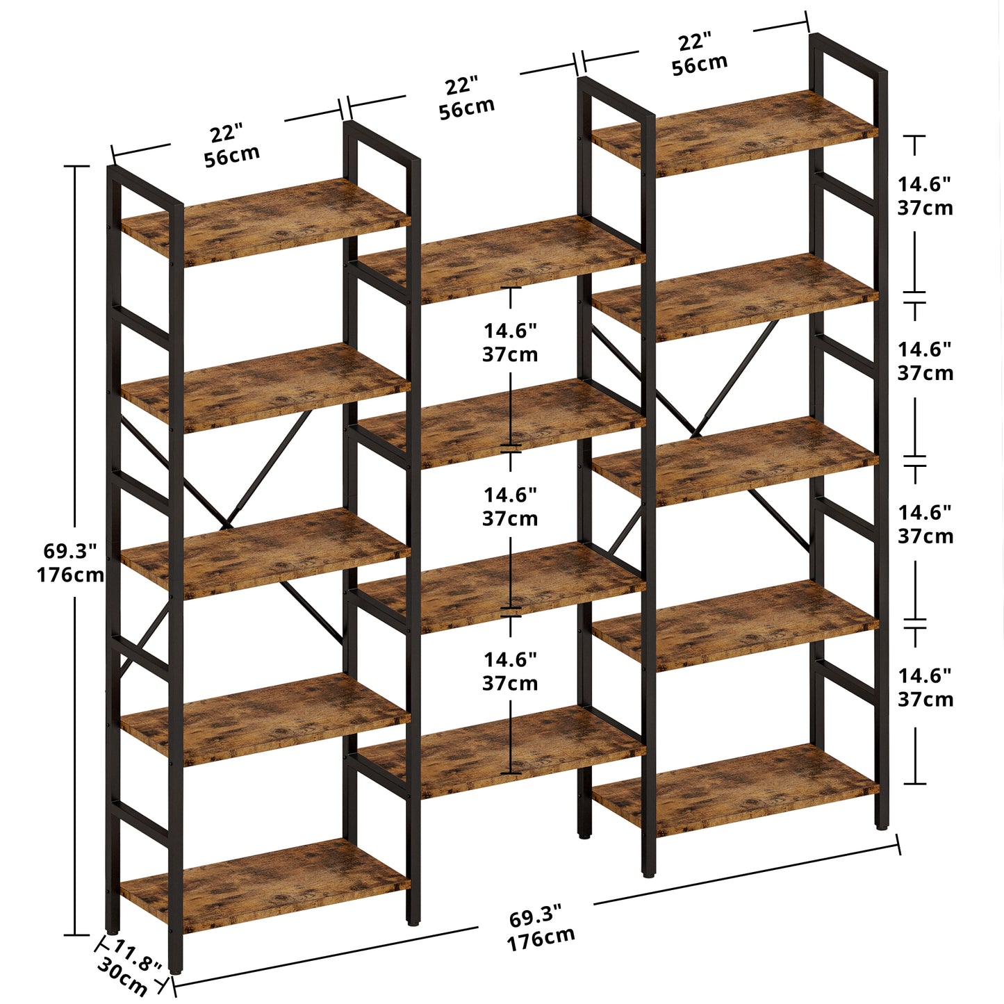 Triple Wide 5 Tiers Industrial Bookshelf