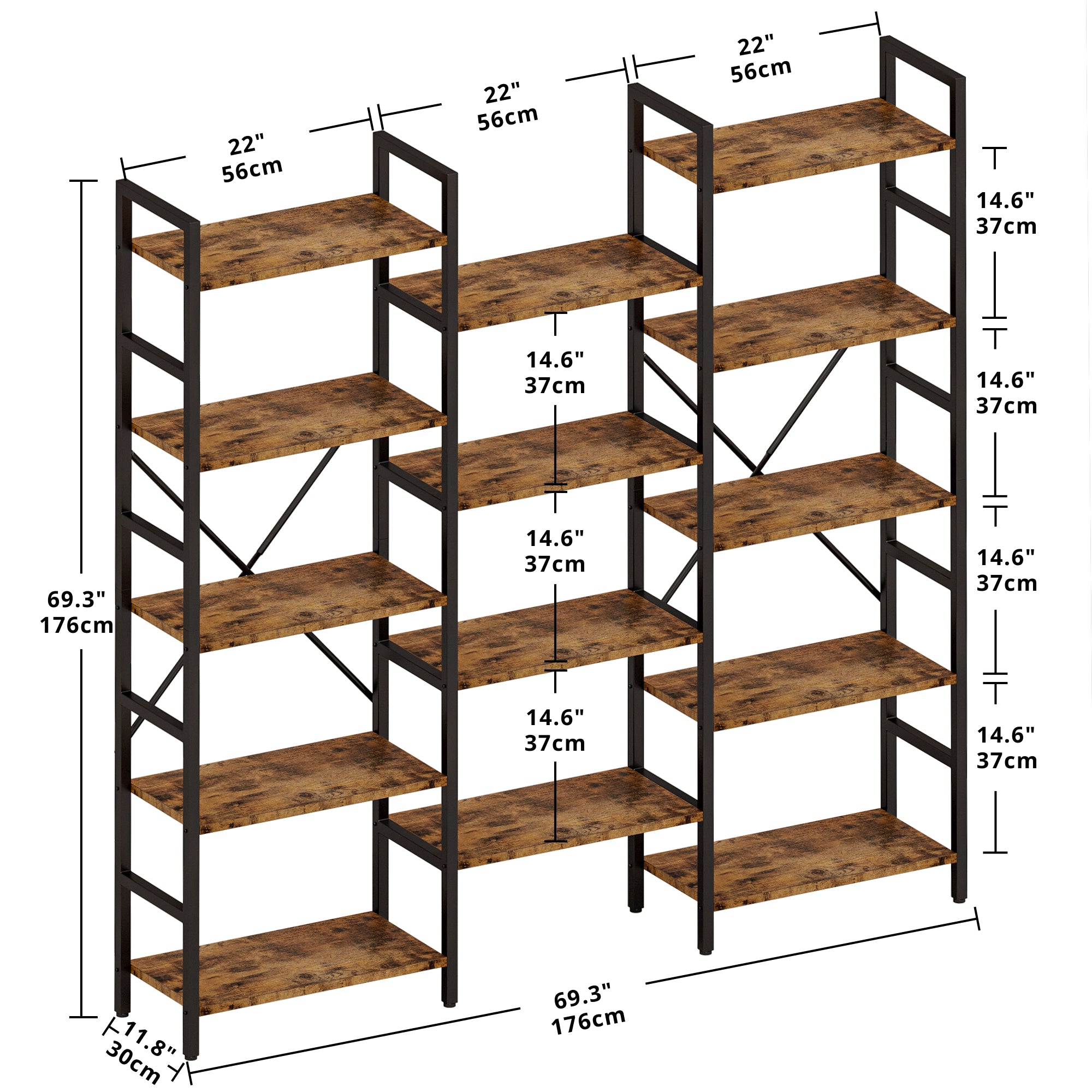 Triple Wide 5 Tiers Industrial Bookshelf