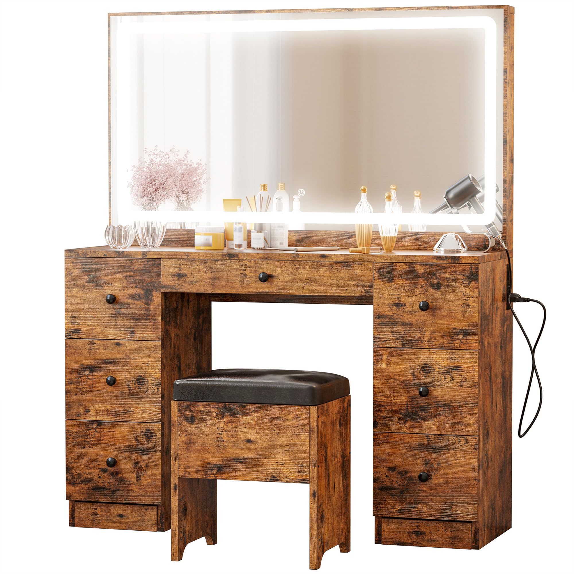 【HOT】Large Mirror Makeup Vanity Desk with 7 Drawers