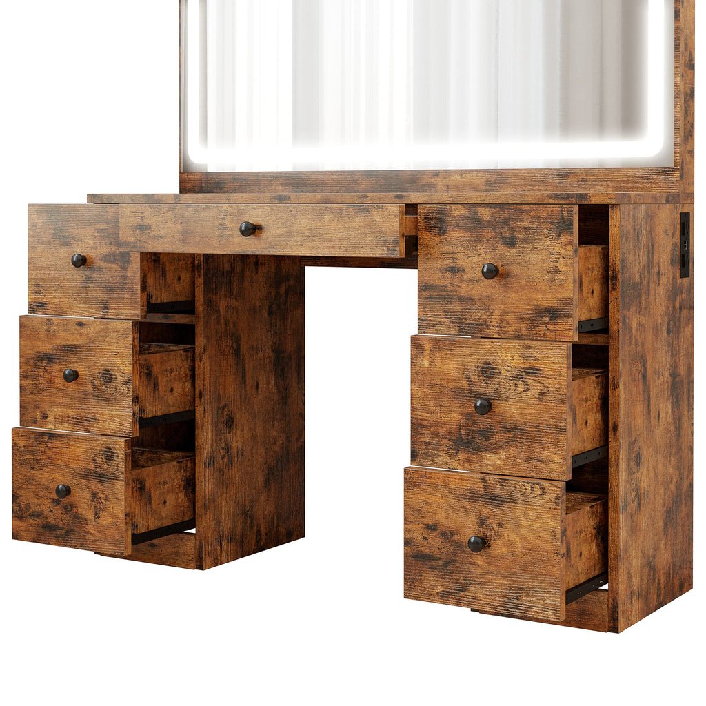 【HOT】Large Mirror Makeup Vanity Desk with 7 Drawers