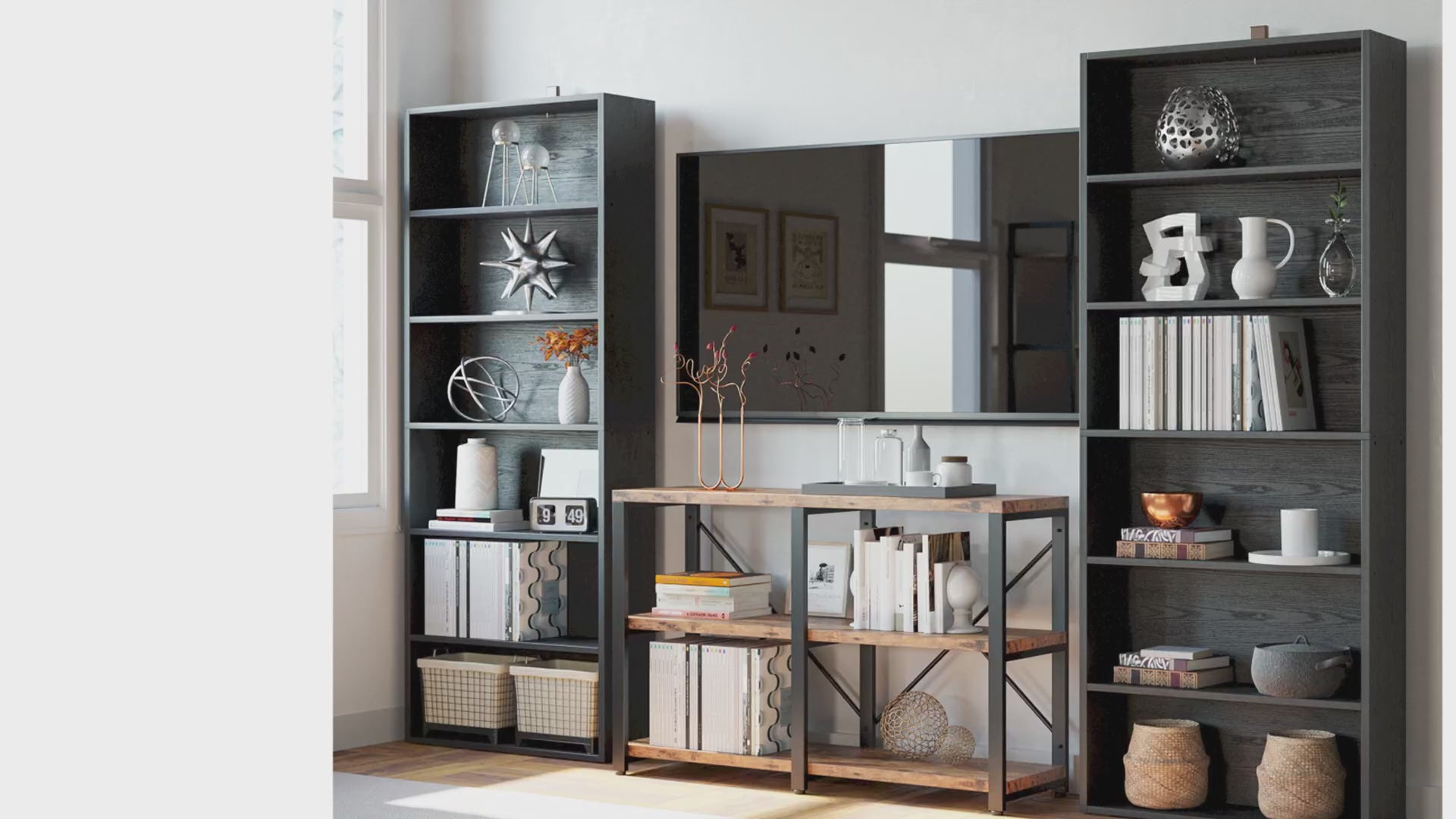 IRONCK 6 Tier wood bookshelf furniture, Vintage Black
