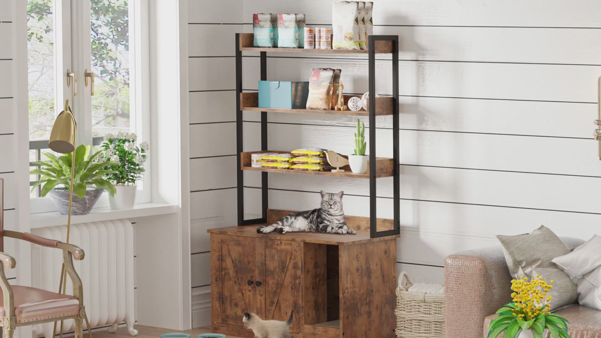 IRONCK Litter Box Enclosure with 4 Shelves and Doors, Vintage Brown