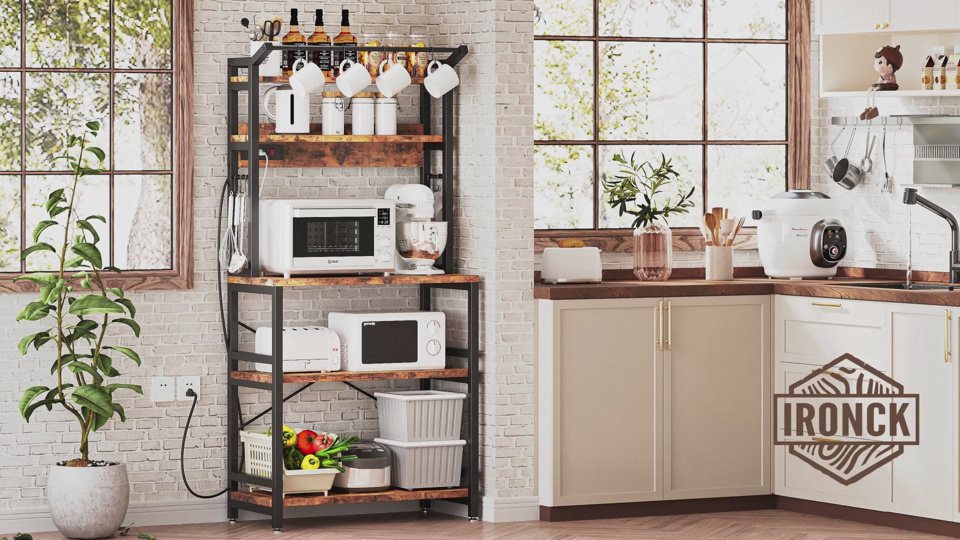 IRONCK 5 Tier Metal Material Bakers Rack with Power Outlet,  9 Hooks
