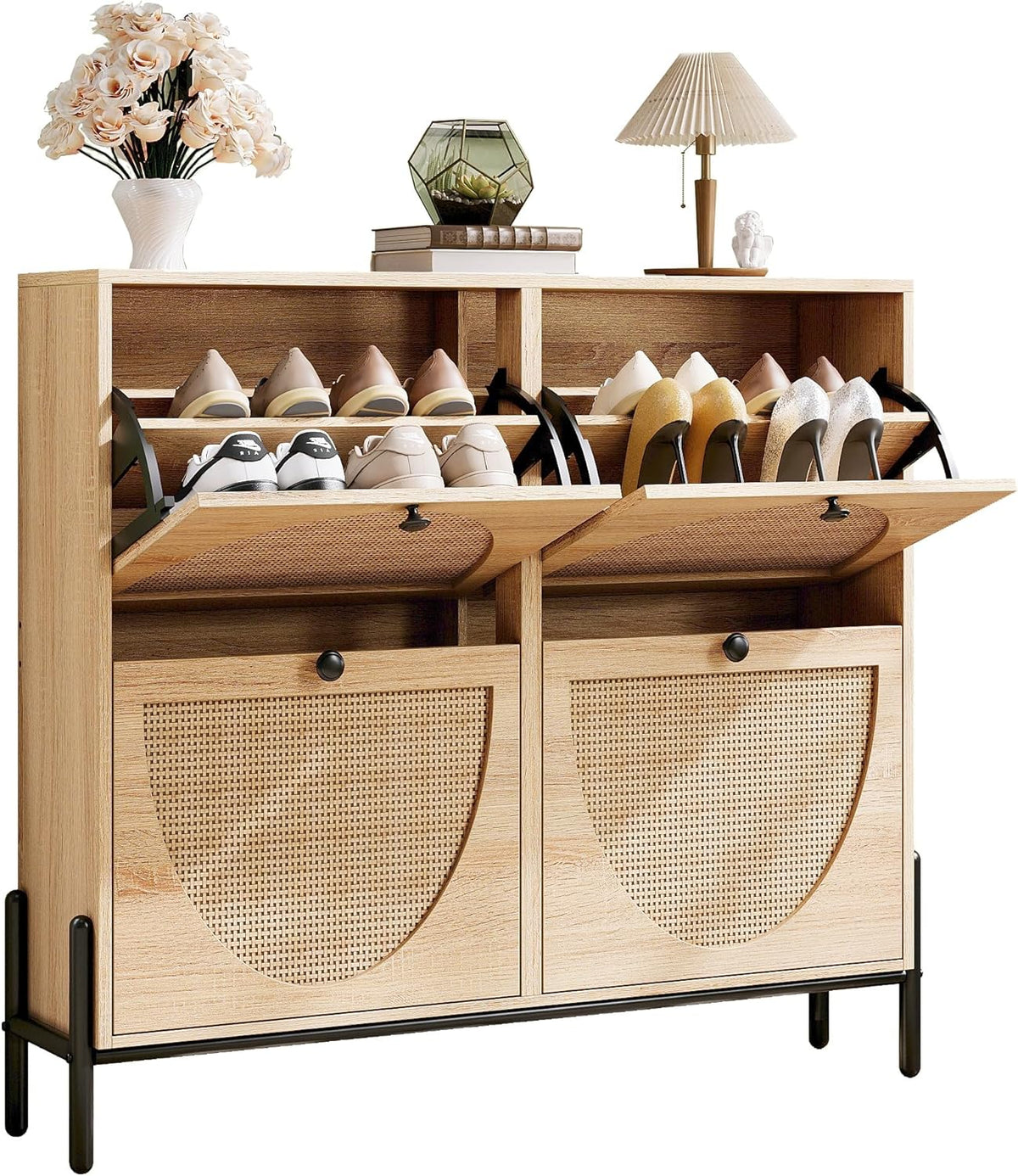 IRONCK Rattan Shoe Cabinet Storage with 4 Flip Drawers