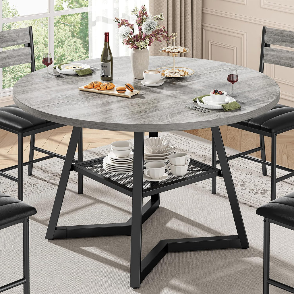 IRONCK Round Dining Table for 4, Kitchen Table with Large Storage Shelf