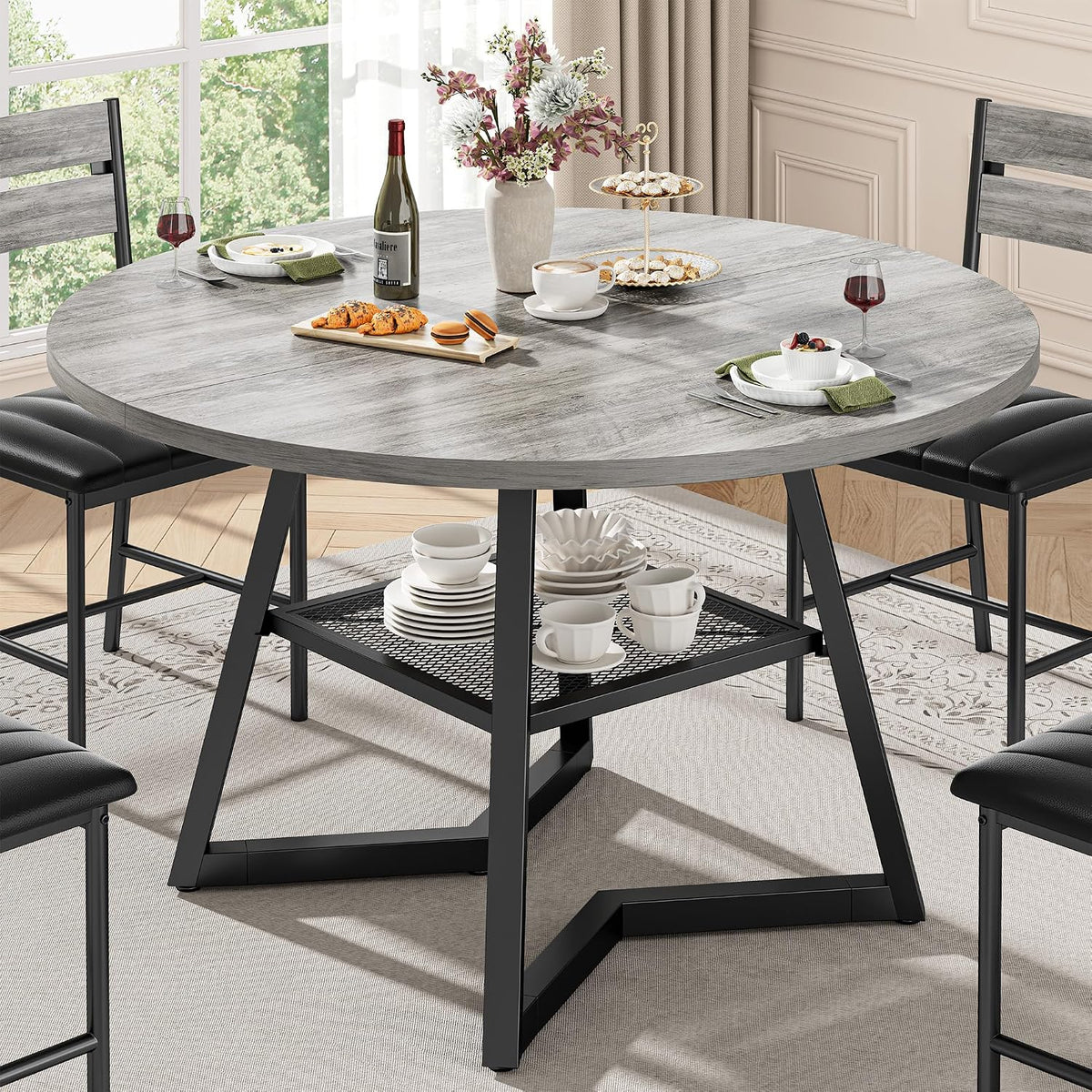 IRONCK Round Dining Table for 4, Kitchen Table with Large Storage Shelf