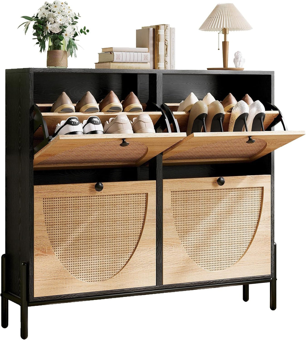 IRONCK Rattan Shoe Cabinet Storage with 4 Flip Drawers